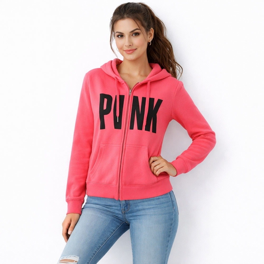 PINK VICTORIA SECRET Small Bright Pink Zip Up Logo Sweatshirt Oversized Jacket